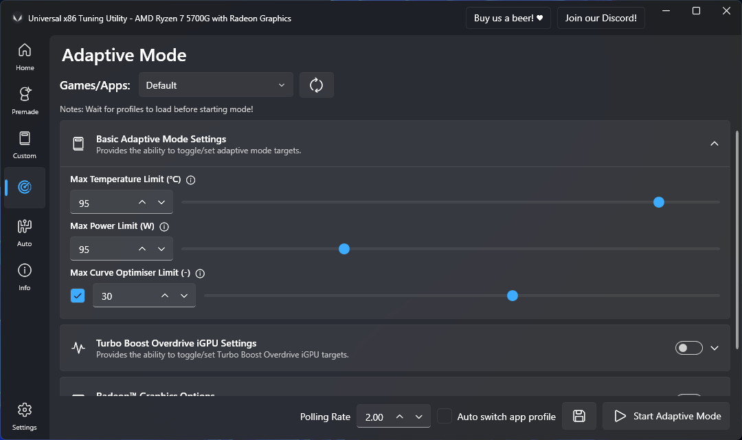 Image of UXTU adaptive mode menu